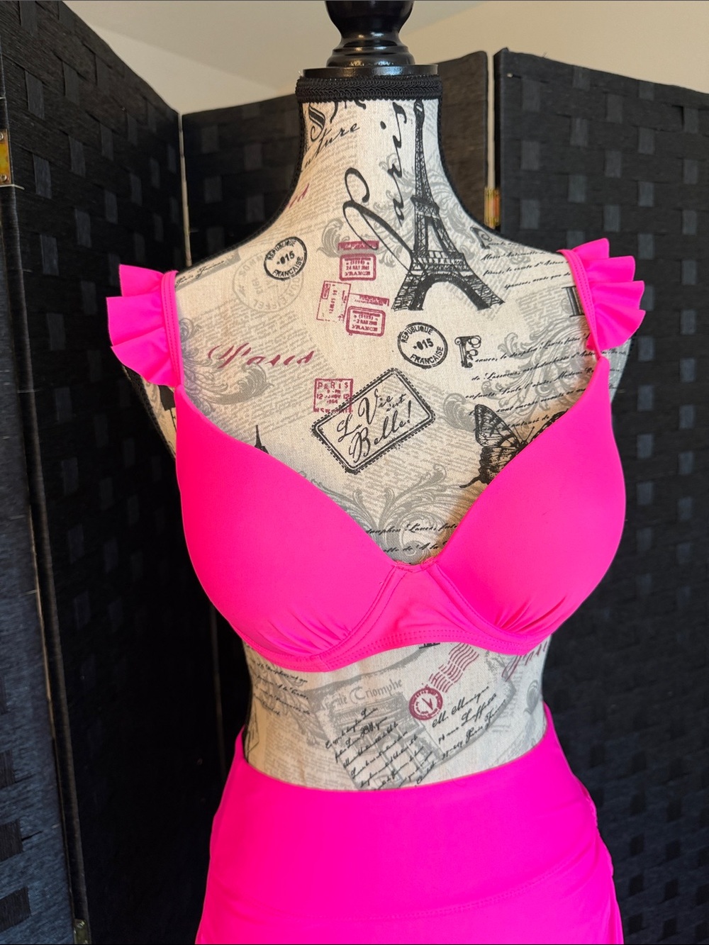 Bright Hot Pink Ruffled Strap Bikini Top